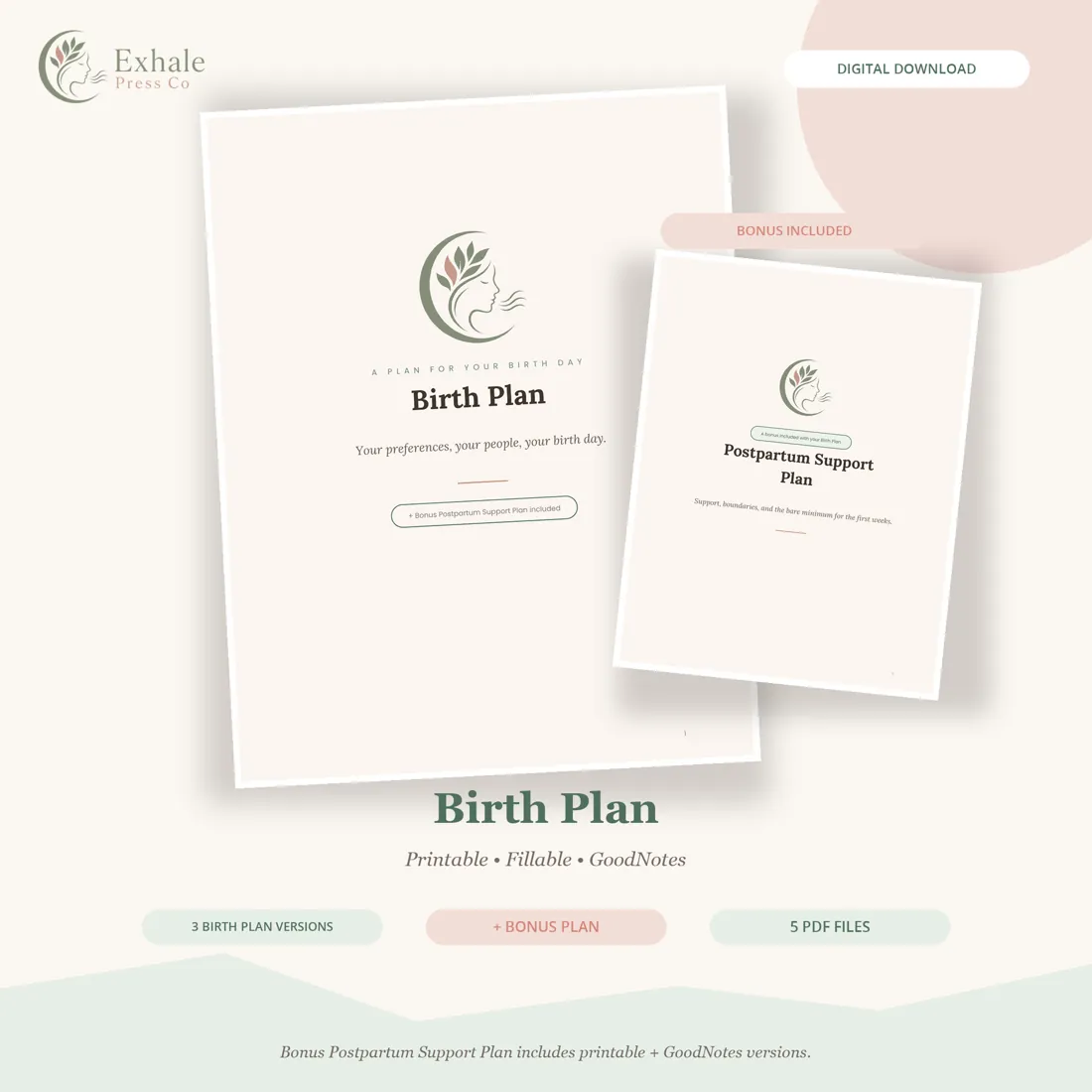 Exhale Press Co. birth plan template pages showing a one-page summary, labor preferences, and postpartum support planning.