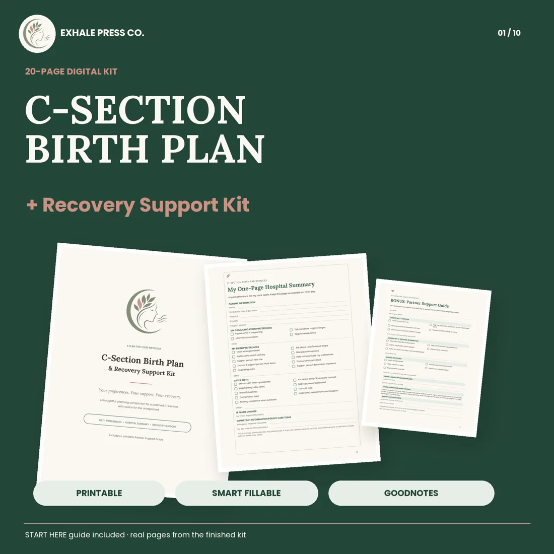 C-section birth plan and recovery support kit with real pages and printable, fillable, and GoodNotes versions.