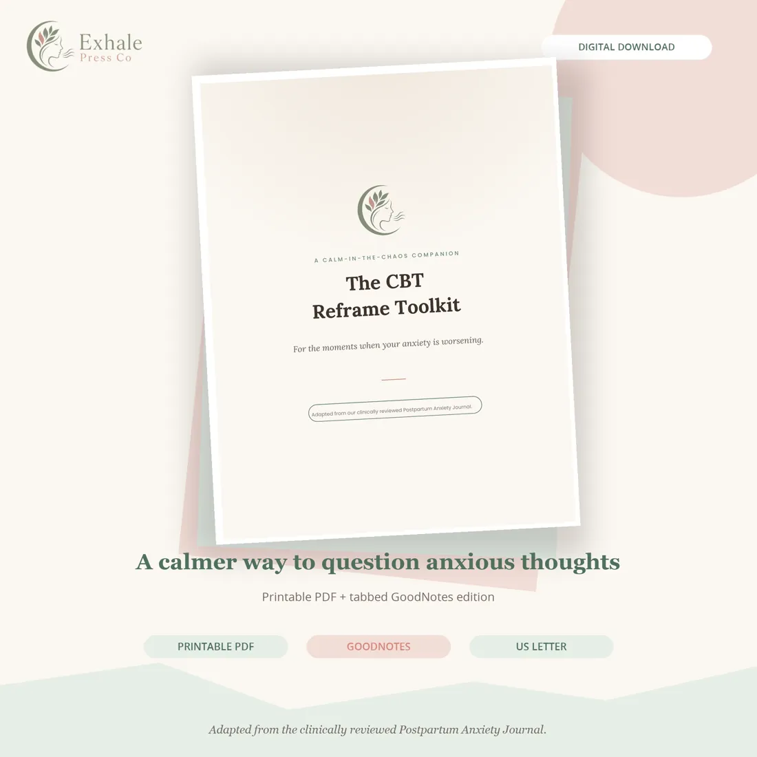 The CBT Reframe Toolkit cover beside sample worksheet pages in a warm ivory and sage product image.
