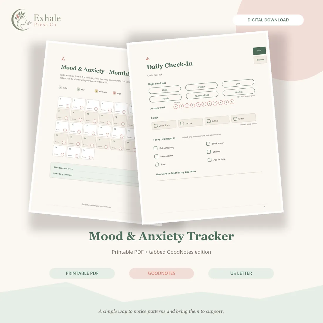 Mood and anxiety tracker product image showing daily check-in and monthly overview pages.