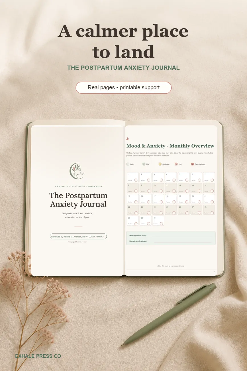 Exhale Press Co. postpartum anxiety journal shown open to a mood and anxiety overview page on a warm fabric surface.